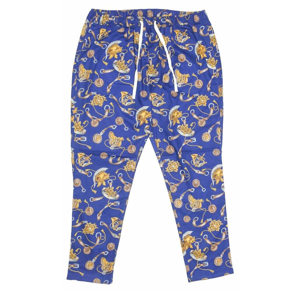 Mens Pants Joggers Blue Gold Equestrian Baroque Drawstring Loose Harem Casual XL